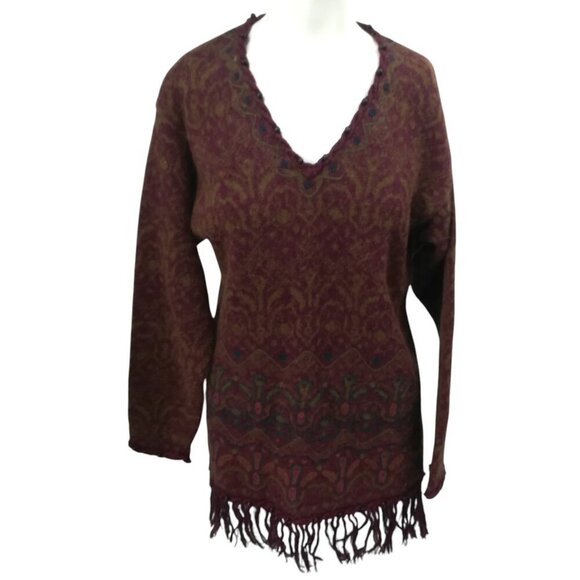 Vintage Express Beaded Embroidered Fringe V-Neck Sweater Size XS Tunic Boho - Picture 1 of 11